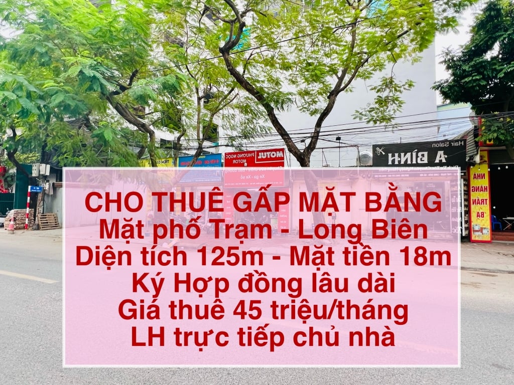 Cho thuê mặt bằng phố Trạm Long Biên 125m², mặt tiền 18m, lô góc 2 mặt tiền ô tô
